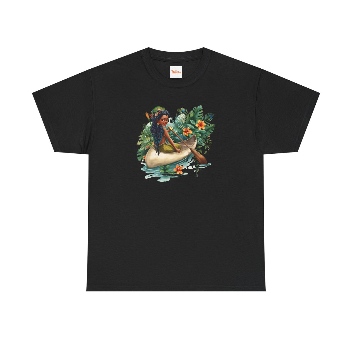 Mermaid Canoe T-Shirt — Black Mermaid Rowing Through Jungle with Frog Graphic