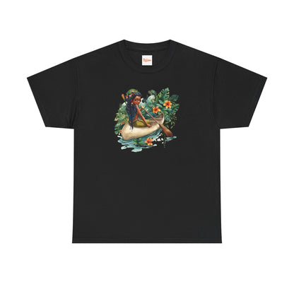 Mermaid Canoe T-Shirt — Black Mermaid Rowing Through Jungle with Frog Graphic