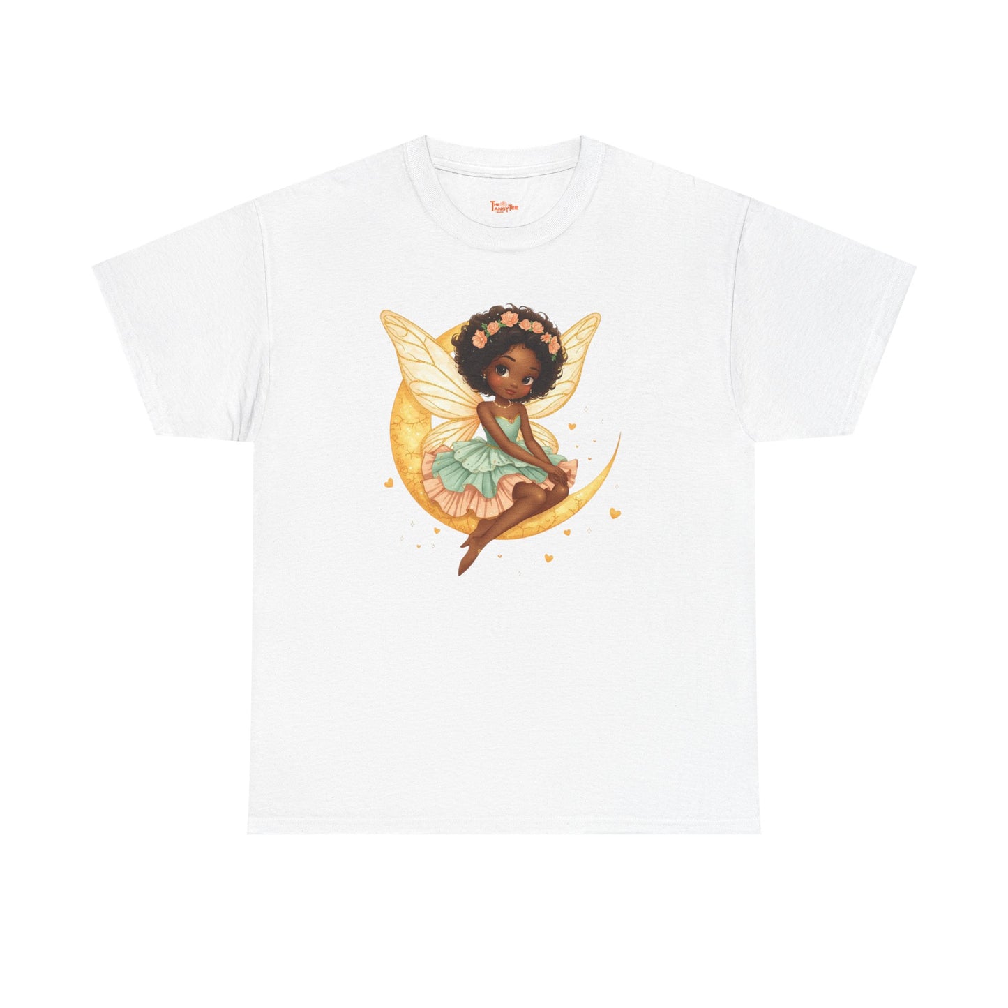 African American Fairy on Crescent Moon T-Shirt — Pink & Mint Fantasy Tee