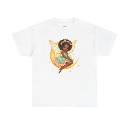 African American Fairy on Crescent Moon T-Shirt — Pink & Mint Fantasy Tee