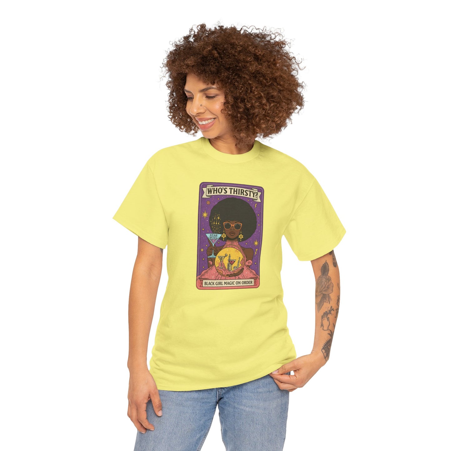 Tarot 'Who's Thirsty?' Graphic T‑Shirt — Retro Afro Witch Cocktail Design