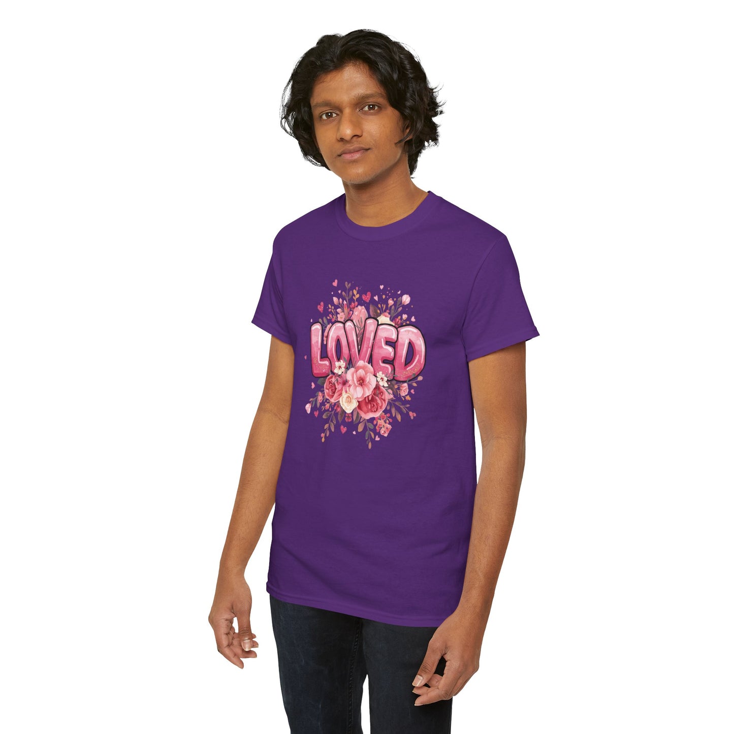 Charming 'Loved' T-Shirt with Pink Bubble Letters & Flower Decor