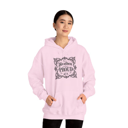 Heathen and Quite Proud Hooded Sweatshirt — Framed Black Scrolls Design