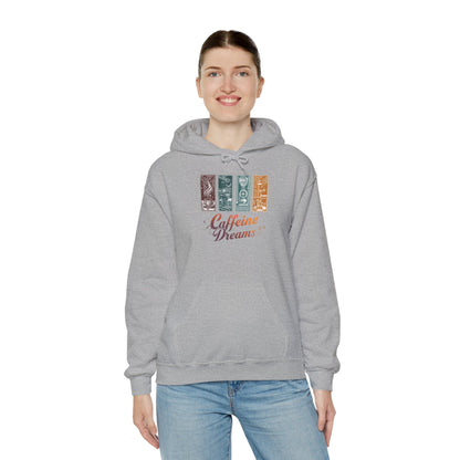 Caffeine Dreams Hoodie — Four-Panel Coffee Graphic