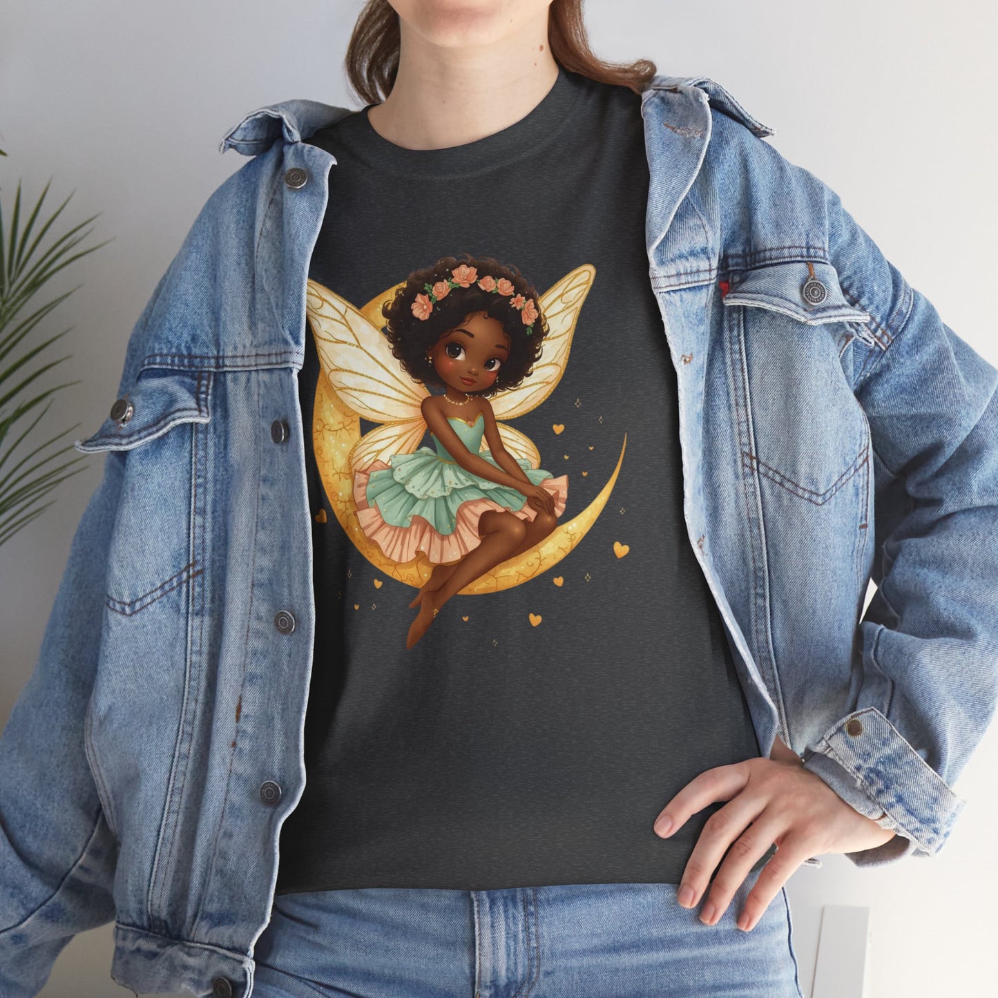 African American Fairy on Crescent Moon T-Shirt — Pink & Mint Fantasy Tee