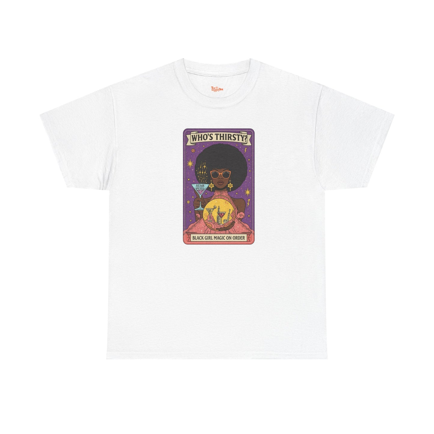 Tarot 'Who's Thirsty?' Graphic T‑Shirt — Retro Afro Witch Cocktail Design