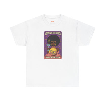 Tarot 'Who's Thirsty?' Graphic T‑Shirt — Retro Afro Witch Cocktail Design