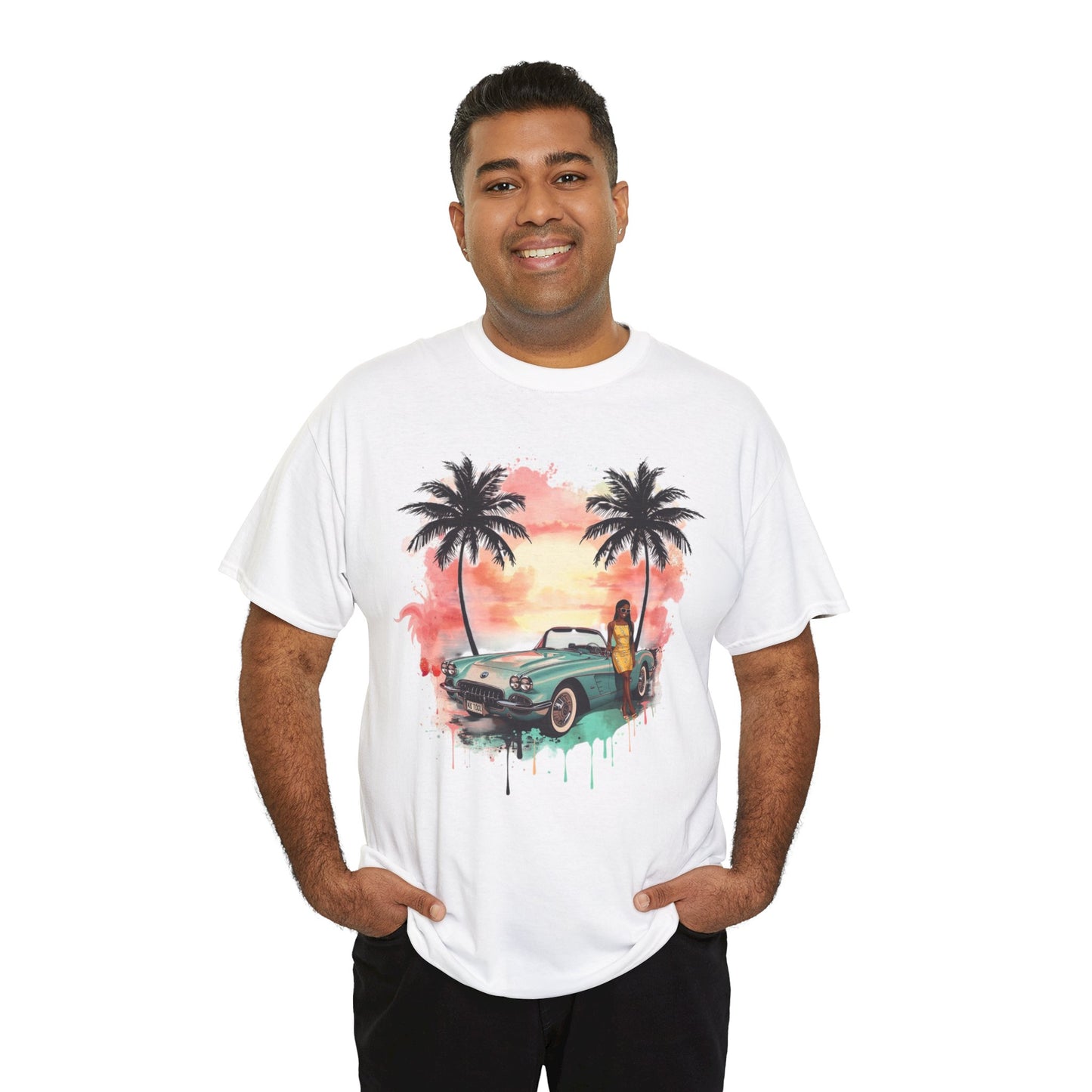 Sunset Muscle Car Tee — African American Woman Graphic T-Shirt