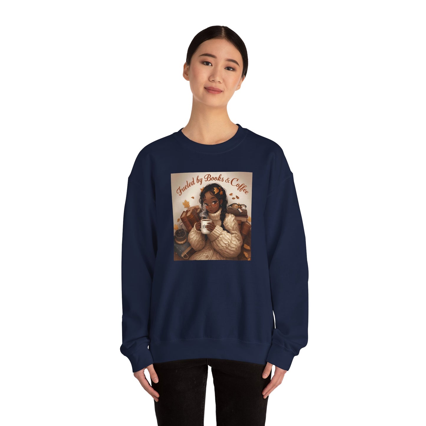 Books and Coffee Lover Sweatshirt, Black Anime Woman Fall Leaves, Reading Nerdy Jumper, Cozy Autumn Sweater