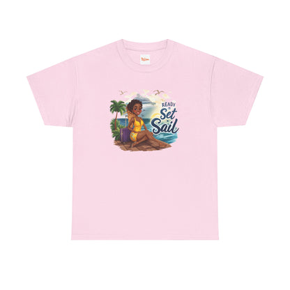 Ready to Set Sail T‑Shirt — Black Woman in Yellow Dress Pier & Cruise Ship Graphic