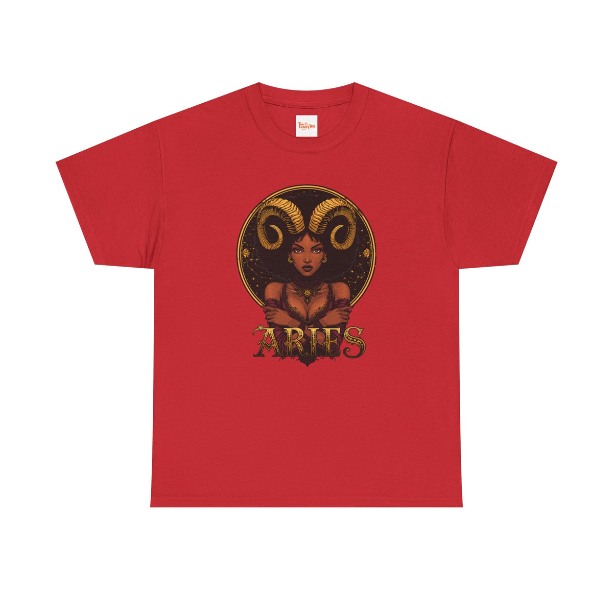 Aries Art Nouveau Tee — African American Woman with Ram Horns Zodiac Graphic