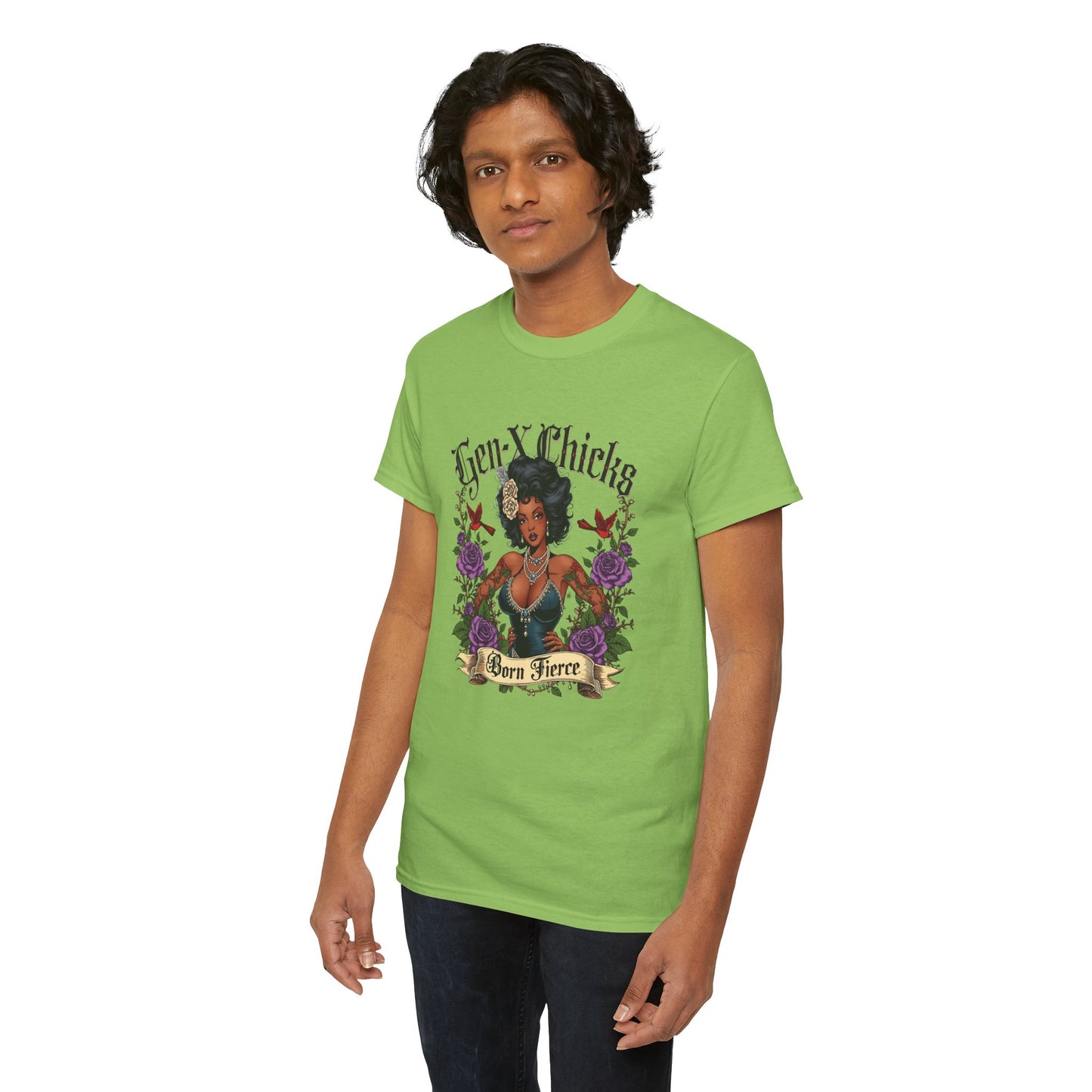Gen X Chicks Born Fierce T-Shirt — Retro African American Rocker with Purple Flowers