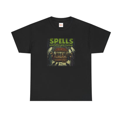 T-Shirt Spells Work Better with Caffeine Gothic Witches Animals Tee