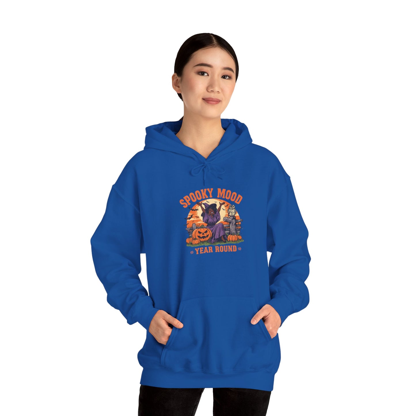 Spooky Mood Year-Round Witch Hoodie — Happy Black Witch with Pumpkins & Bats