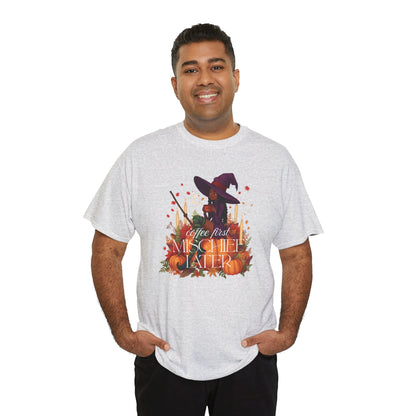 Witchy Pumpkin Patch Tee — "Coffee First, Mischief Later" Black Witch Latte Graphic