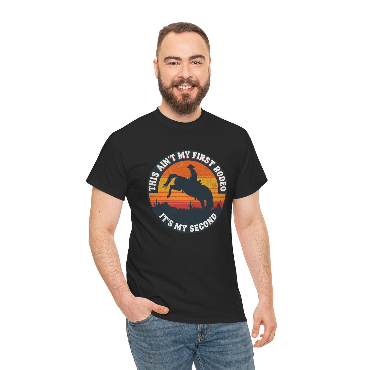 This Ain't My First Rodeo Tee — Backwards Bronco Sunset Cowboy Shirt