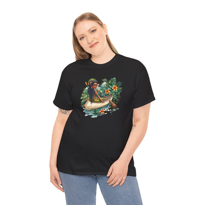 Mermaid Canoe T-Shirt — Black Mermaid Rowing Through Jungle with Frog Graphic