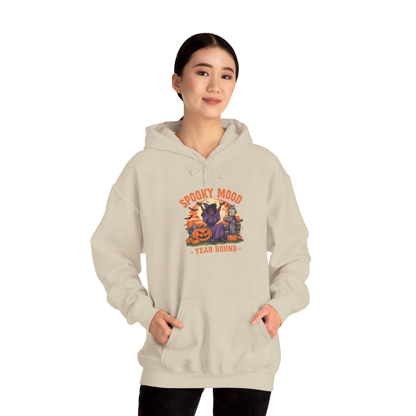 Spooky Mood Year-Round Witch Hoodie — Happy Black Witch with Pumpkins & Bats