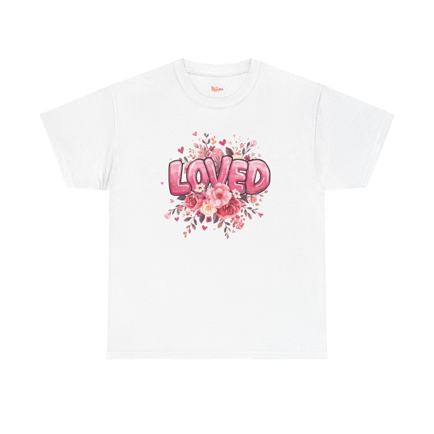 Charming 'Loved' T-Shirt with Pink Bubble Letters & Flower Decor