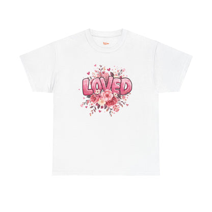 Charming 'Loved' T-Shirt with Pink Bubble Letters & Flower Decor