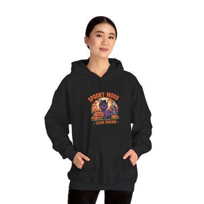 Spooky Mood Year-Round Witch Hoodie — Happy Black Witch with Pumpkins & Bats