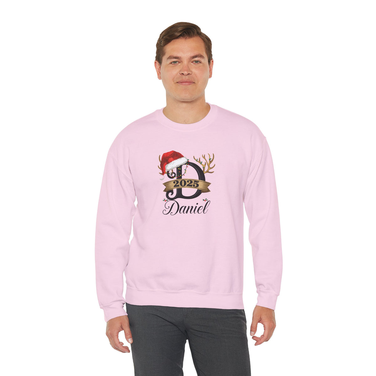 Personalized Christmas Monogram Sweatshirt — Antlers, Santa Hat & Lights