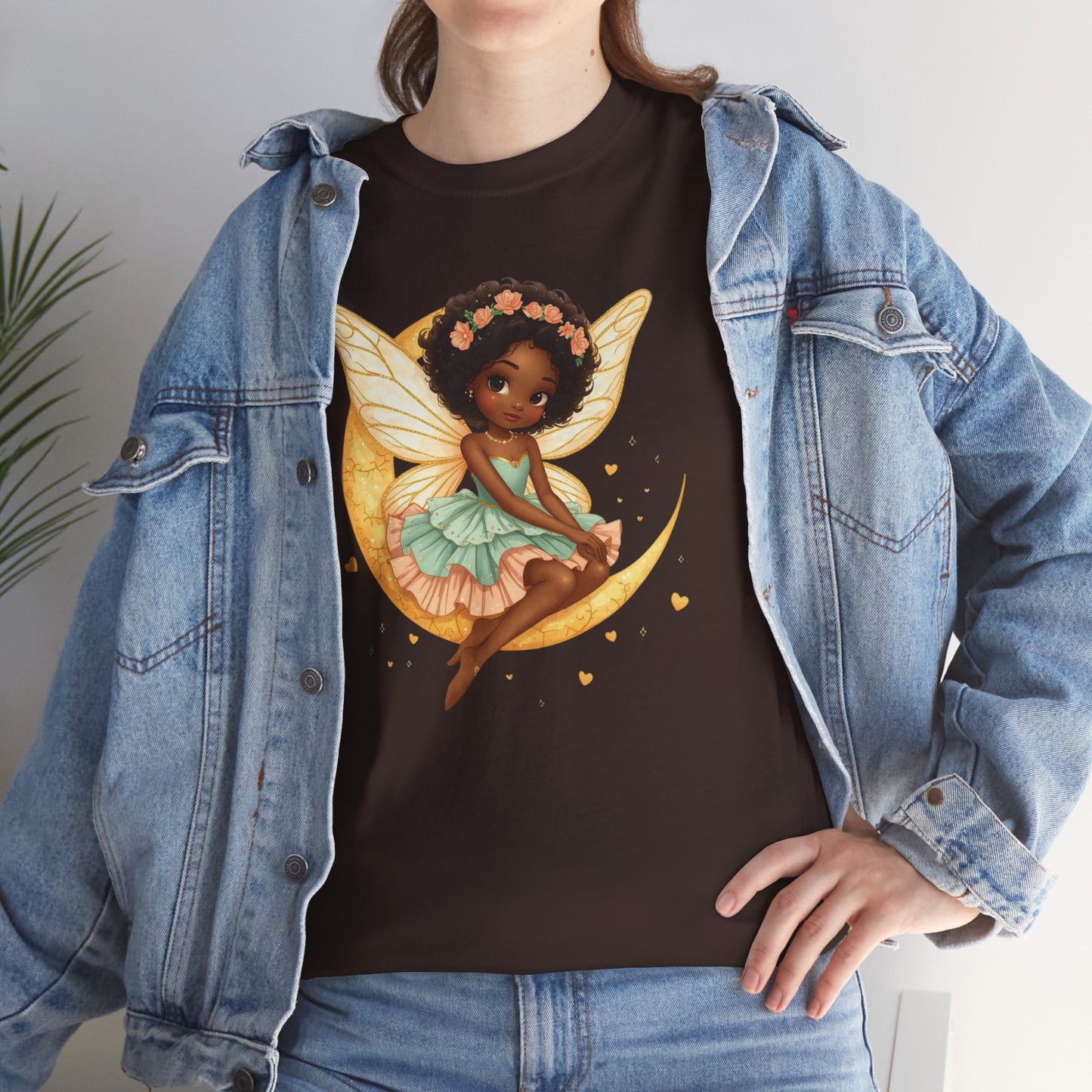 African American Fairy on Crescent Moon T-Shirt — Pink & Mint Fantasy Tee