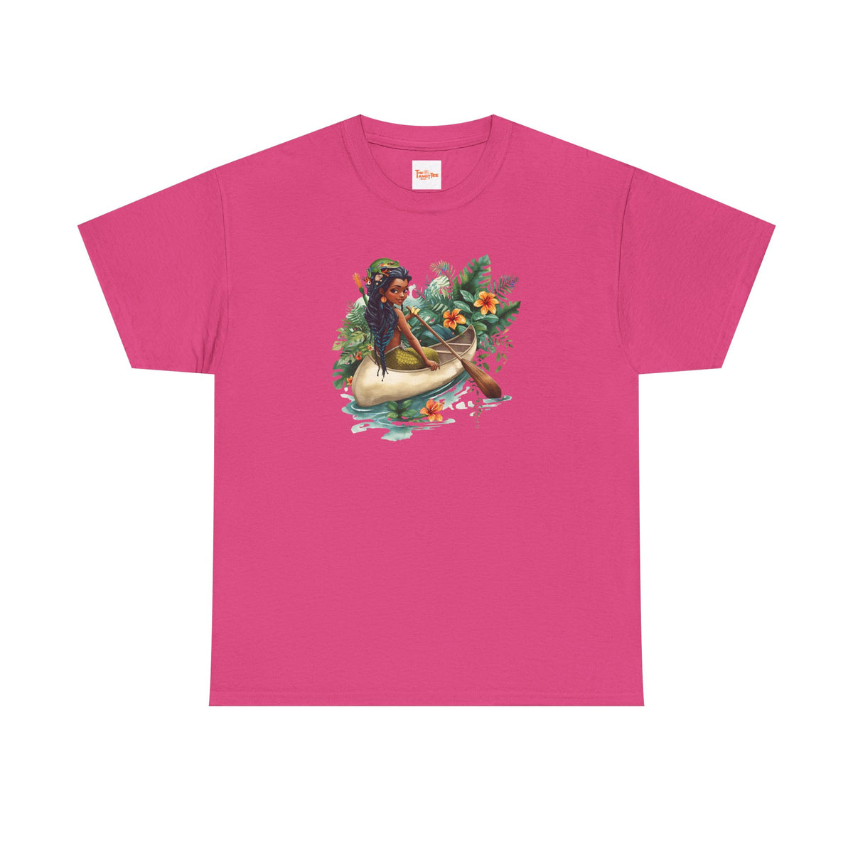 Mermaid Canoe T-Shirt — Black Mermaid Rowing Through Jungle with Frog Graphic