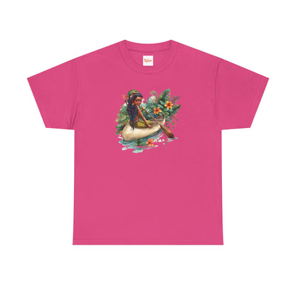 Mermaid Canoe T-Shirt — Black Mermaid Rowing Through Jungle with Frog Graphic