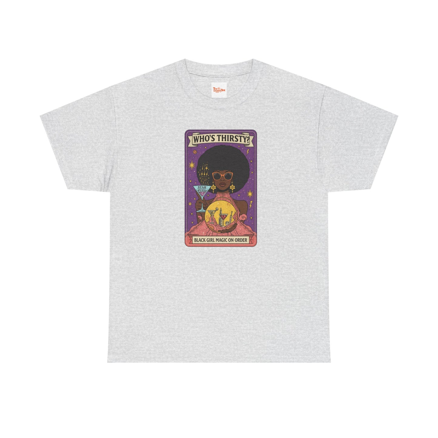 Tarot 'Who's Thirsty?' Graphic T‑Shirt — Retro Afro Witch Cocktail Design