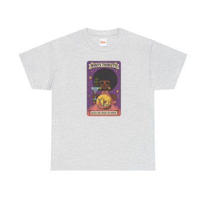 Tarot 'Who's Thirsty?' Graphic T‑Shirt — Retro Afro Witch Cocktail Design