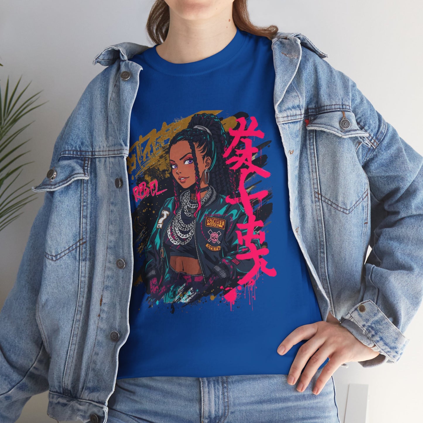 Rebel African American Anime Woman Graphic Tee — Graffiti & Asian Symbol Design