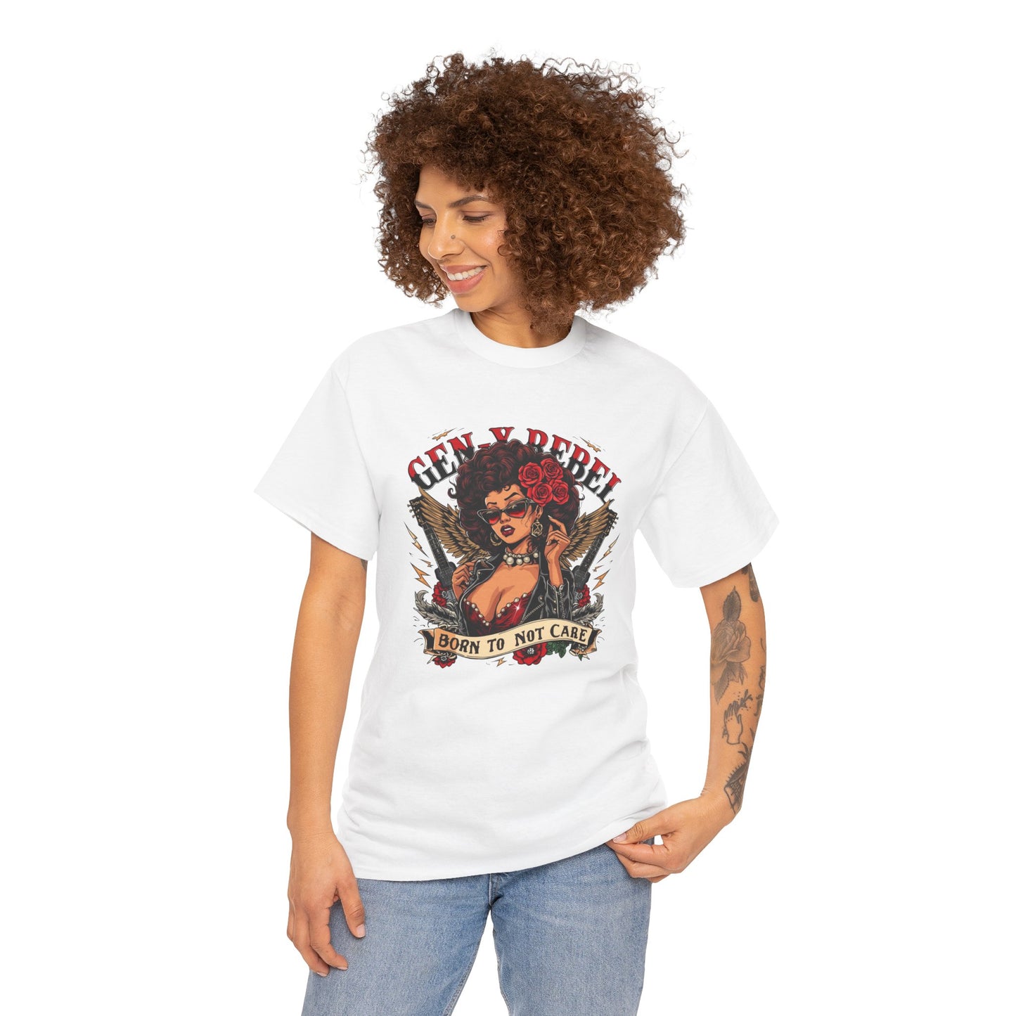 Gen X Rebel T-Shirt — African American Woman with Guitars & Roses Graphic