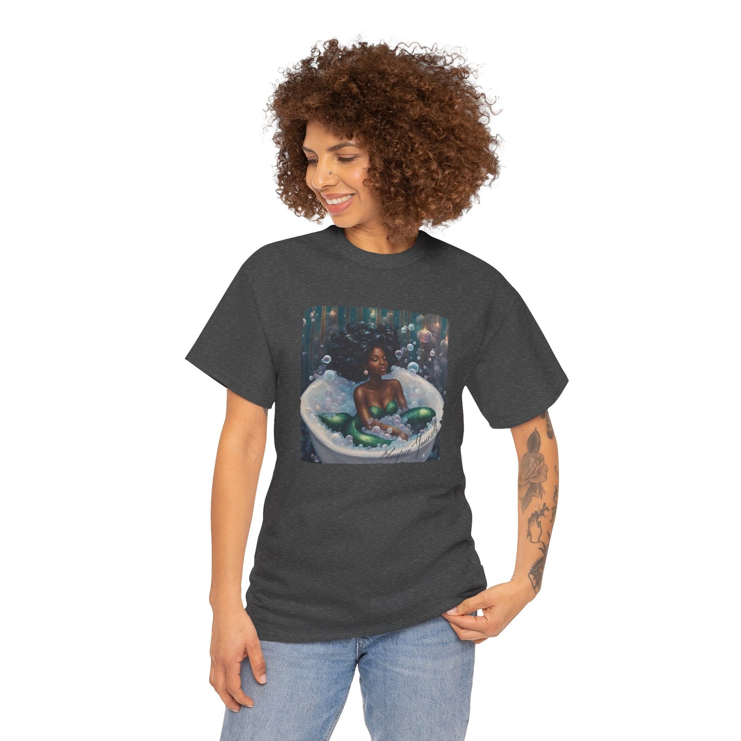 Pamper Yourself Black Mermaid Tee — Relaxing Bathtub Graphic