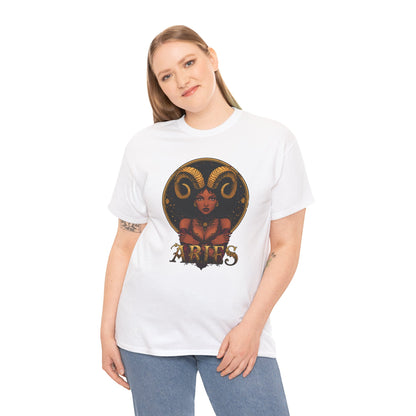 Aries Art Nouveau Tee — African American Woman with Ram Horns Zodiac Graphic