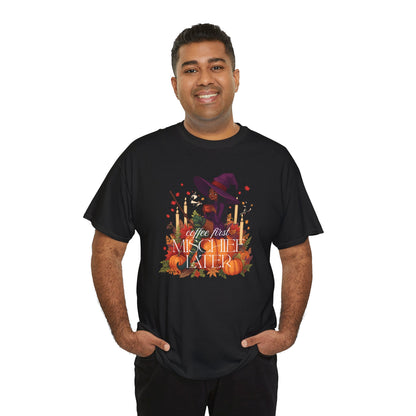 Witchy Pumpkin Patch Tee — "Coffee First, Mischief Later" Black Witch Latte Graphic