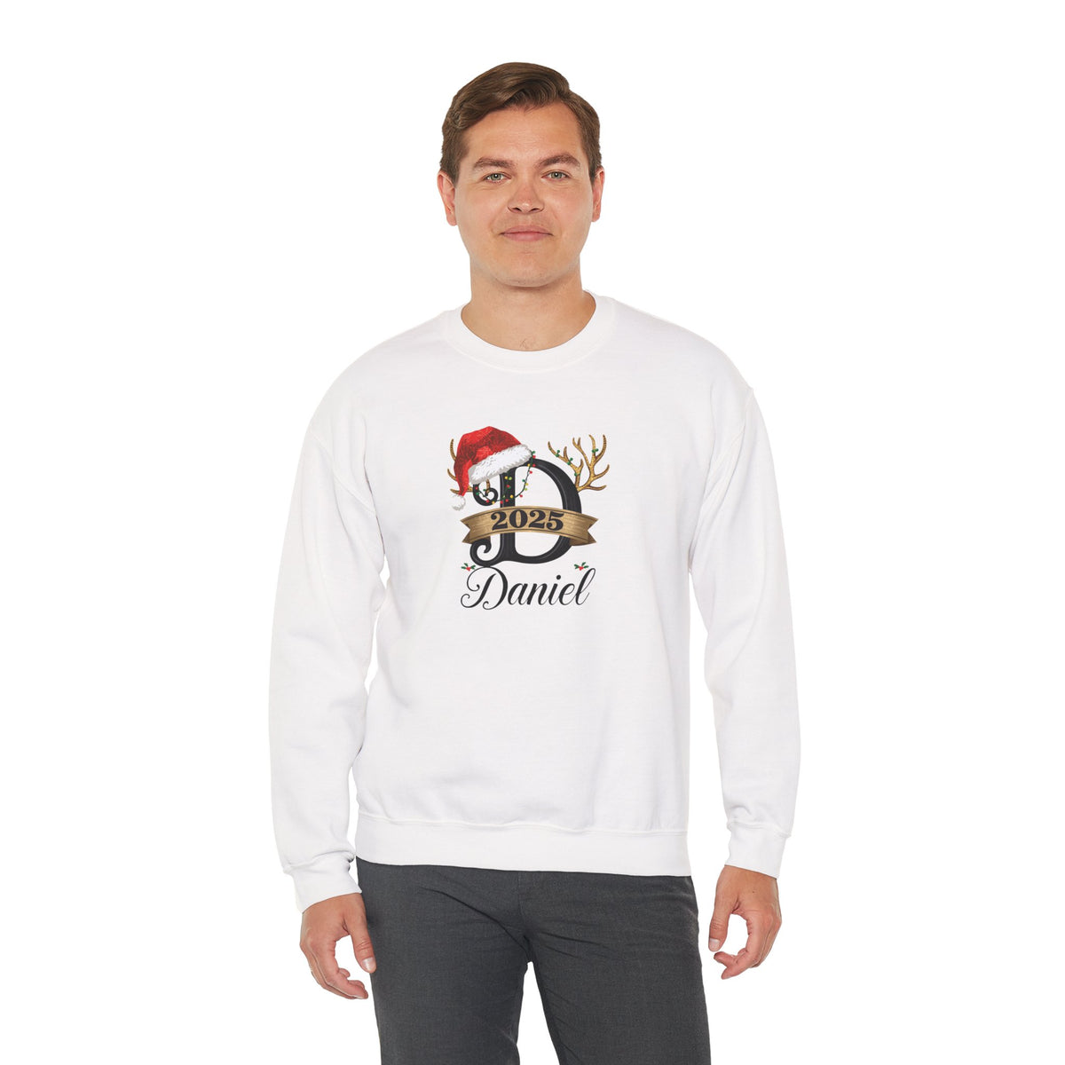 Personalized Christmas Monogram Sweatshirt — Antlers, Santa Hat & Lights