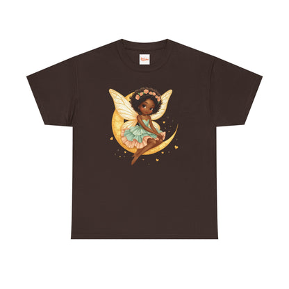 African American Fairy on Crescent Moon T-Shirt — Pink & Mint Fantasy Tee