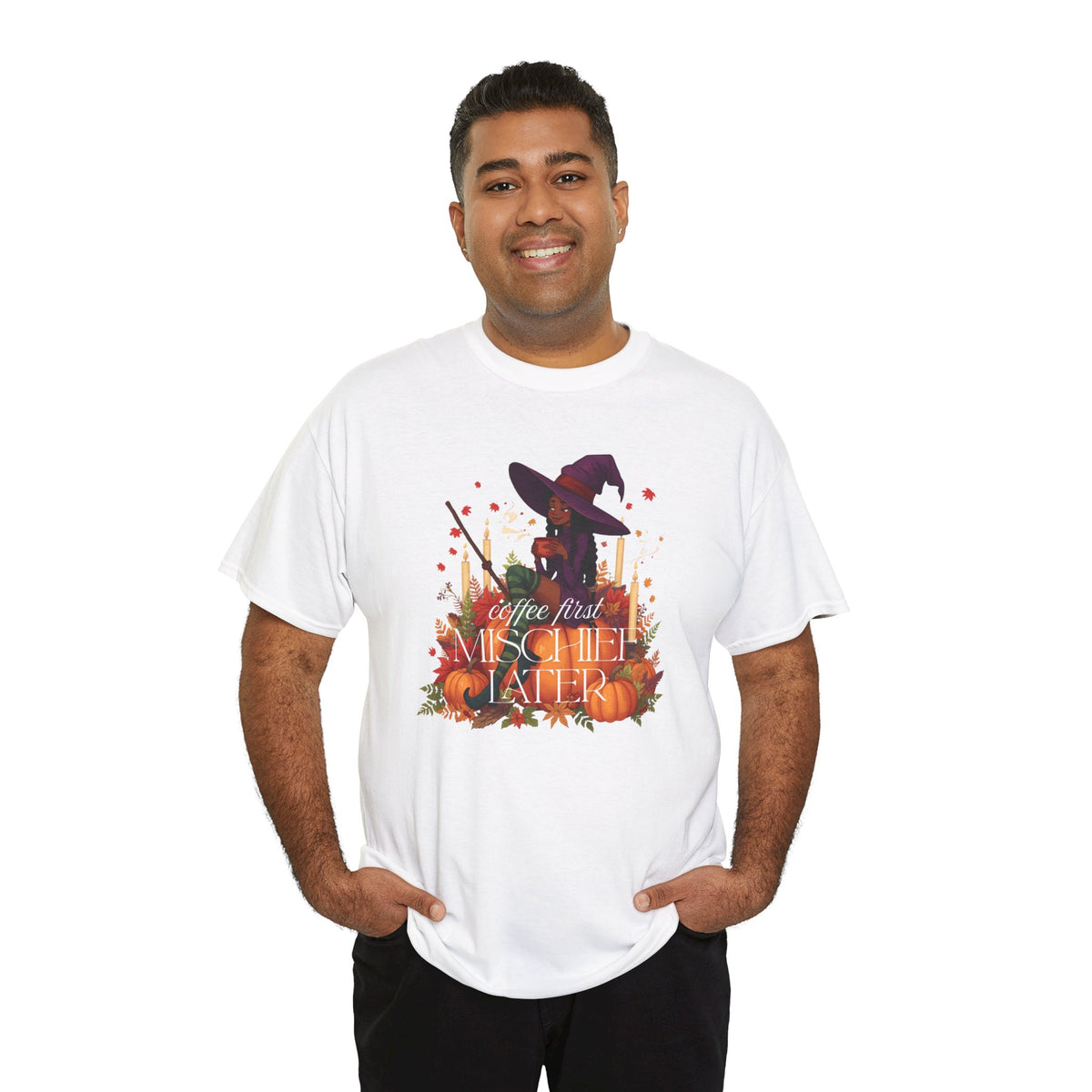 Witchy Pumpkin Patch Tee — "Coffee First, Mischief Later" Black Witch Latte Graphic