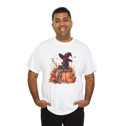 Witchy Pumpkin Patch Tee — "Coffee First, Mischief Later" Black Witch Latte Graphic