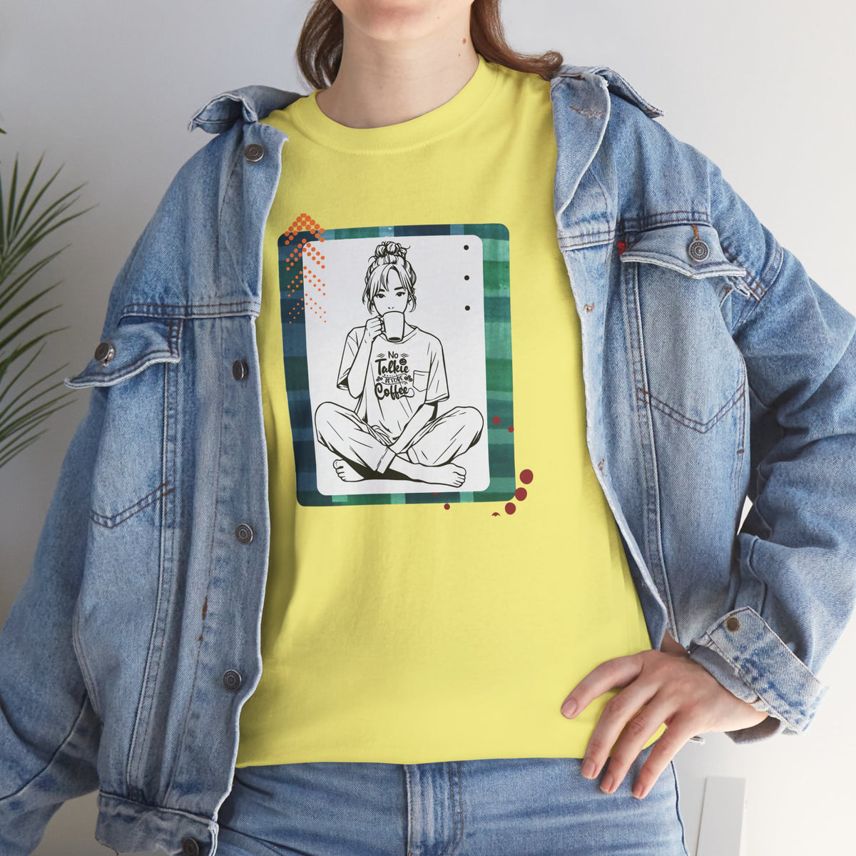 No Talkie Without Coffee T-Shirt — Woman Sitting with Coffee Graphic