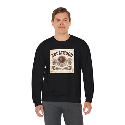 Adulthood Powered by Caffeine and Chaos Sweatshirt — Coffee & Old West Wanted Poster Graphic