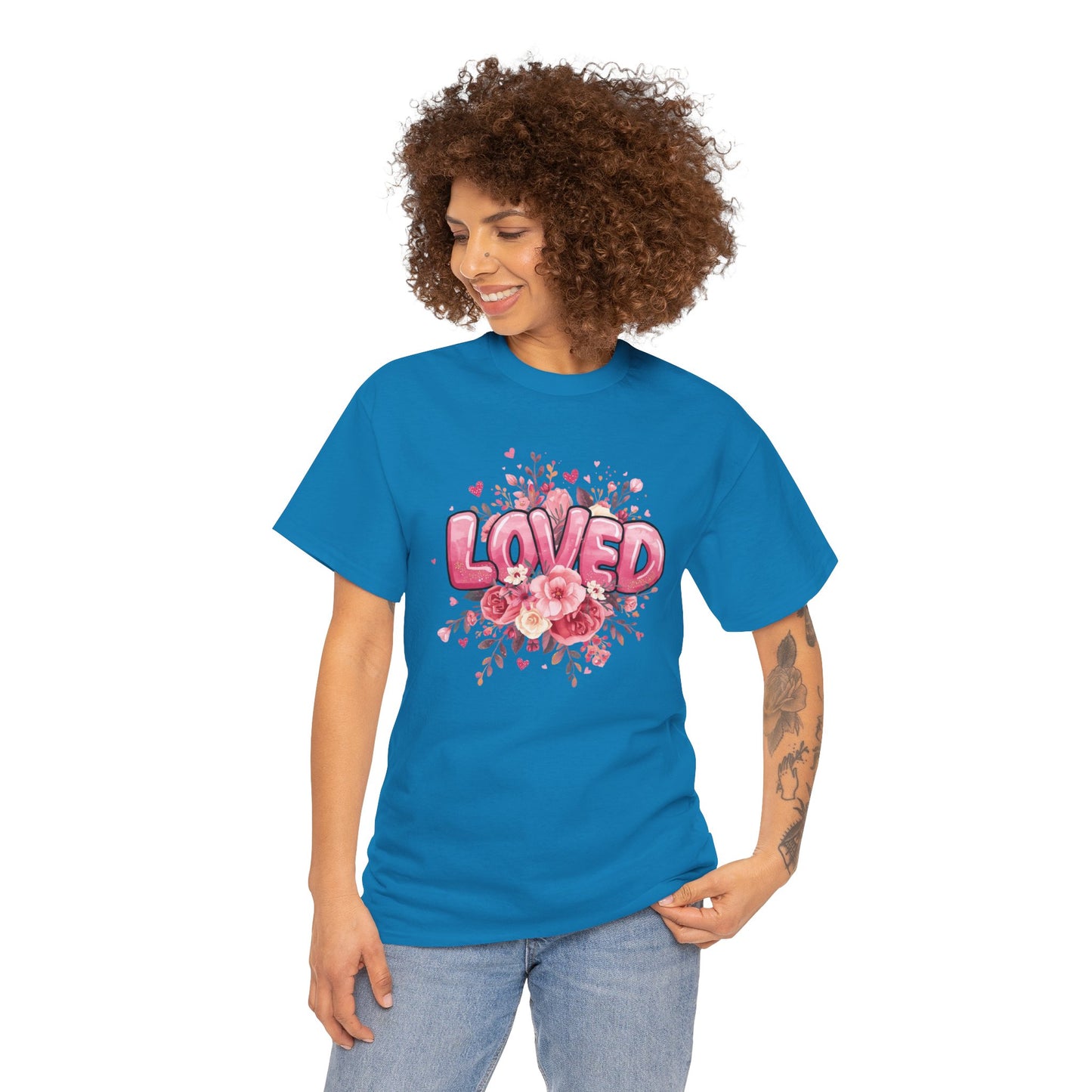 Charming 'Loved' T-Shirt with Pink Bubble Letters & Flower Decor