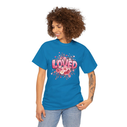 Charming 'Loved' T-Shirt with Pink Bubble Letters & Flower Decor