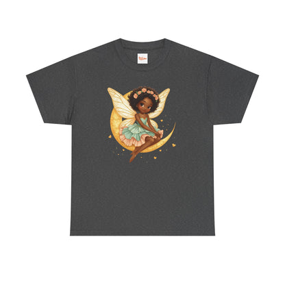 African American Fairy on Crescent Moon T-Shirt — Pink & Mint Fantasy Tee