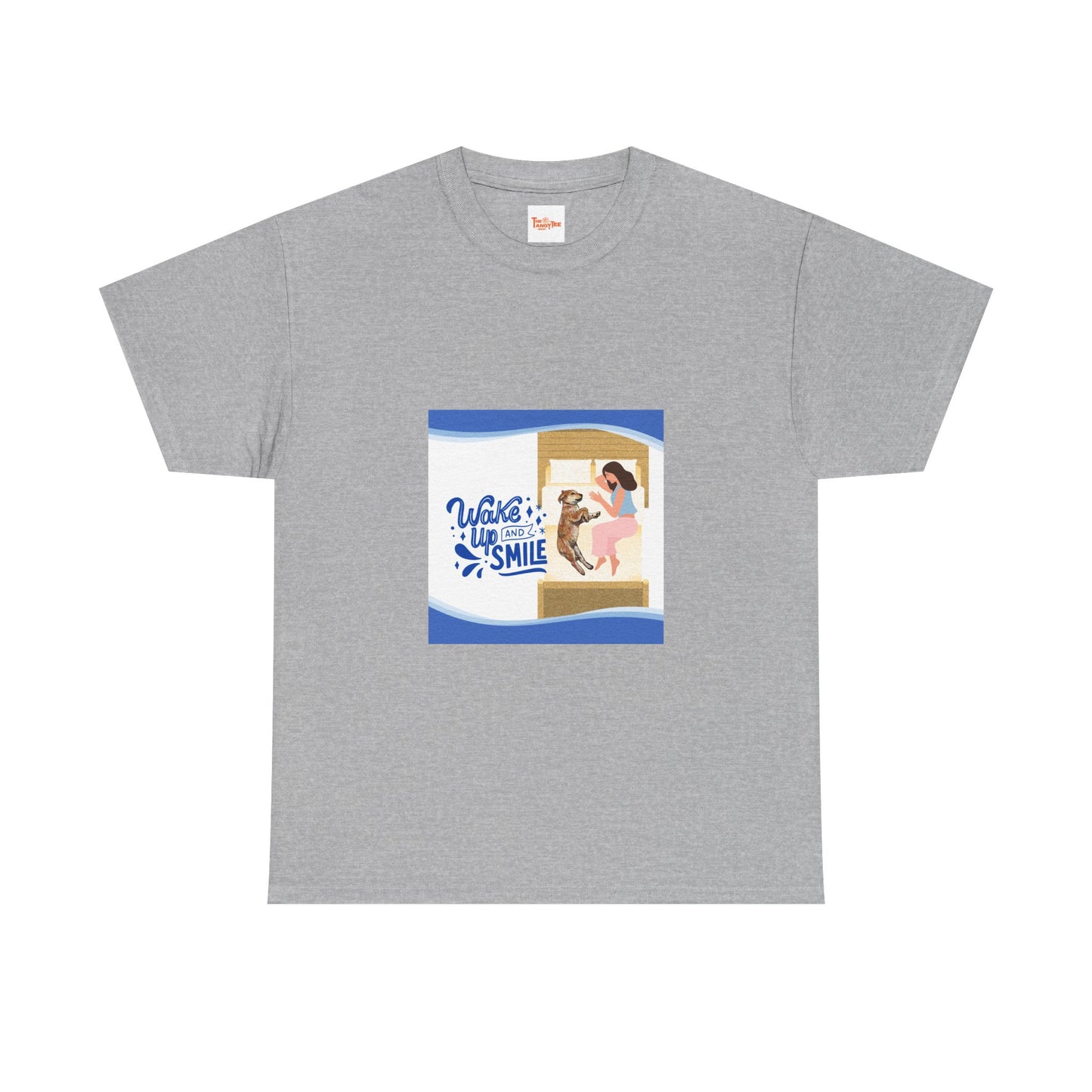 Graphic Tee - Wake up and Smile, Woman and Dog in Bed Design