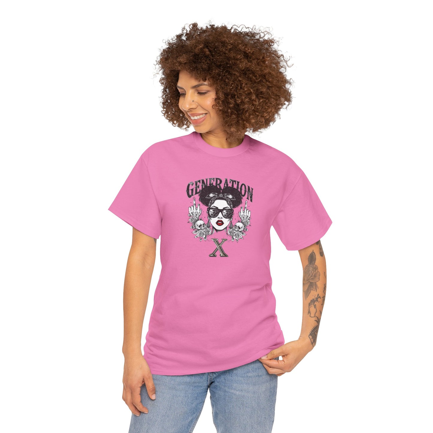 Generation X Black Woman Graphic Tee — Skeletal Hands & Middle Fingers