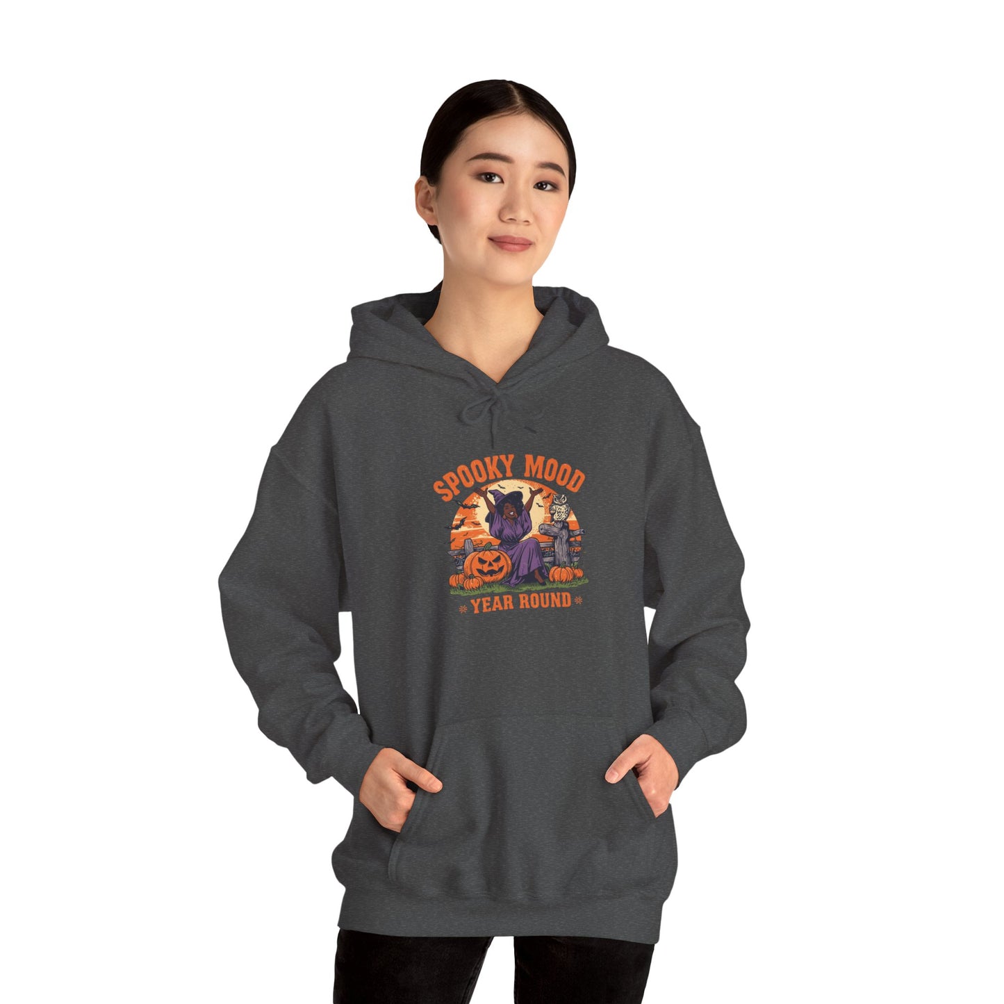 Spooky Mood Year-Round Witch Hoodie — Happy Black Witch with Pumpkins & Bats