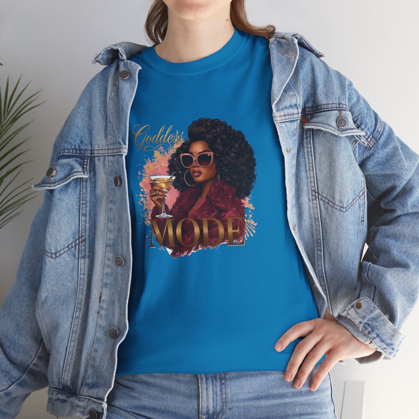 Goddess Vibes Tee — Black Woman in Burgundy Fur Holding Champagne