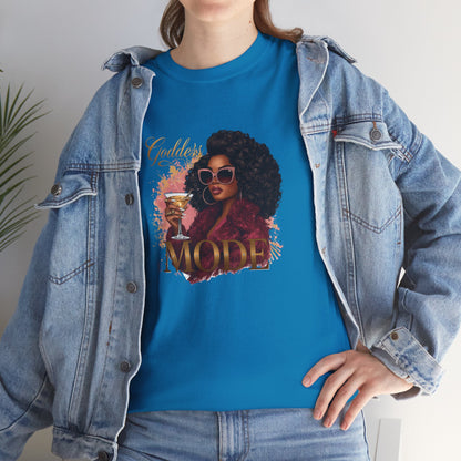 Goddess Vibes Tee — Black Woman in Burgundy Fur Holding Champagne